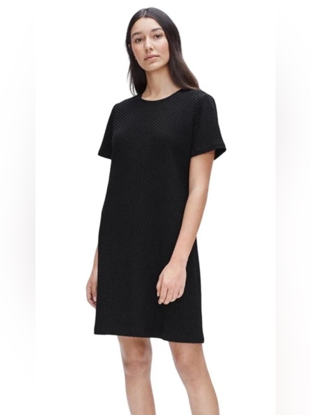 Eileen Fisher Tencel & Organic Cotton Honeycomb Short Sleeve Shift Dress Black M